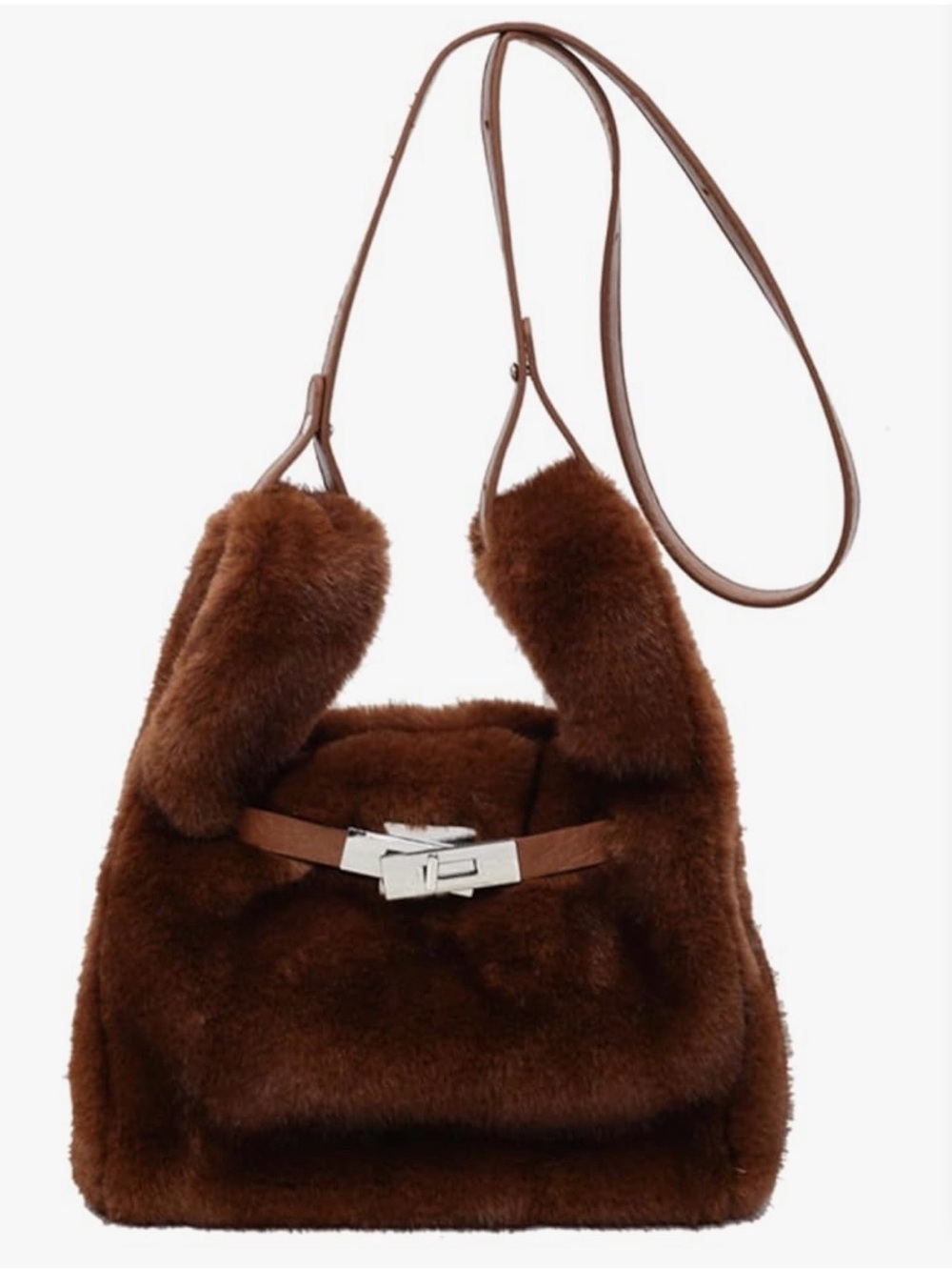 Plush Brown Faux Fur Shoulder Bag with Silver Hardware